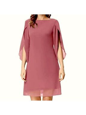 Grace Karin Pink Corral Midi Dress Chiffon Slit Sleeves Flowy Minimalist Sz 3XL